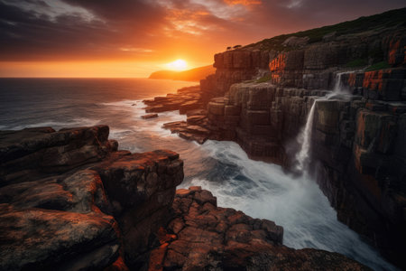 Grand Cliff Face with Waterfall and Fiery Sunset, AI Generatedの素材