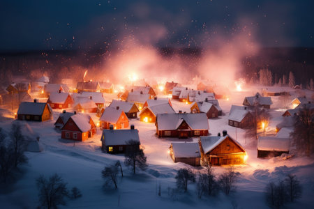 Christmas Village picturesque snow-covered village with smoke rising from the chimneys, adorned with Christmas lights and decorations, AI Generatedの素材
