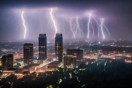 City awash in color during a mesmerizing lightning storm, AI Generatedの素材