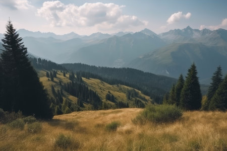 Breathtaking mountain vista from a tranquil hilltop meadow, with snow-capped peaks and lush evergreen forests, AI Generatedの素材