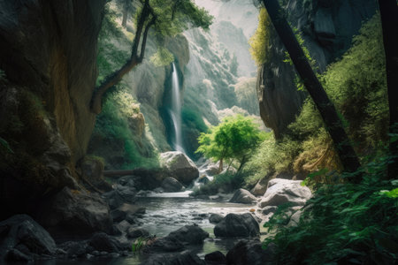 Gorgeous waterfall cascading through a rocky canyon surrounded by lush vegetation, AI Generatedの素材