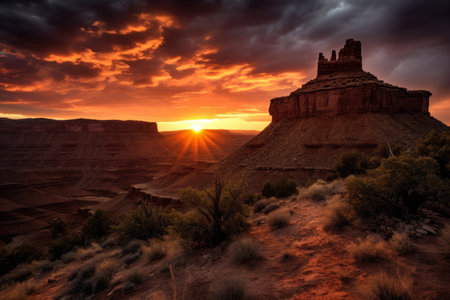 Dramatic Sunset over Towering Mesas in Canyon, AI Generatedの素材