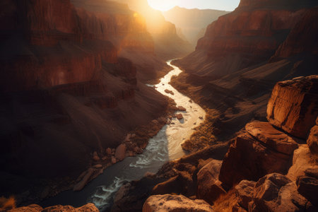 Golden hour lighting up a rocky canyon with winding rivers creating warm tones on the rugged terrain, AI Generatedの素材