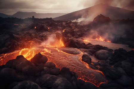 Fiery Hellscape Volcanic Landscape with Streams of Molten Lava and Billowing Smoke, AI Generatedの素材