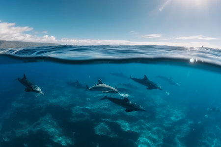 Graceful dolphins swimming in the vast and sparkling ocean under the blue sky, AI Generatedの素材