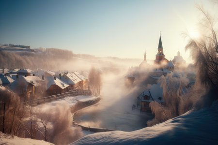 Fairy-tale Winter Village quaint village blanketed in snow with smoke rising from the chimneys, surrounded by tall trees and a frozen river, AI Generatedの素材