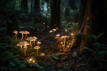 Forest of Wonders Glowing Mushrooms and Faeries, AI Generatedの素材