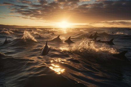 magical moment of a school of dolphins surfing the waves in the golden hour of the ocean, AI Generatedの素材