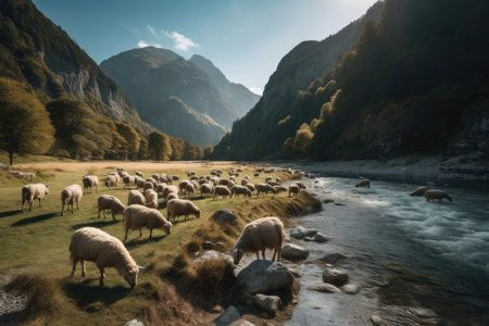 flock of sheep grazing in a serene mountain valley with a crystal-clear river flowing through it, AI Generatedの素材