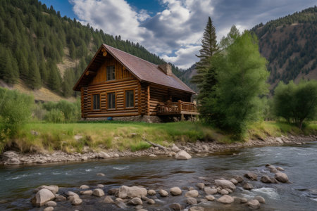 Log cabin nestled in the midst of the picturesque valley with sparkling river, AI Generatedの素材