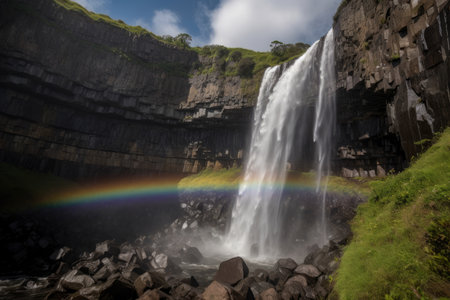 Majestic Cliff Face with Majestic Waterfall and Rainbow, AI Generatedの素材
