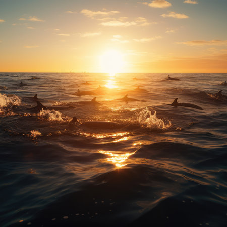 Mesmerizing sight of a school of dolphins swimming under the glowing sun in the endless ocean, AI Generatedの素材