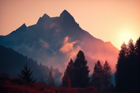 Majestic mountain peak at sunrise with a misty aura and a beautiful color gradient in the sky, AI Generatedの素材