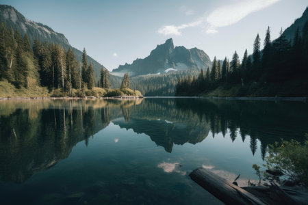 Mirror Lake Serene Body of Water Reflecting Towering Mountains, AI Generatedの素材