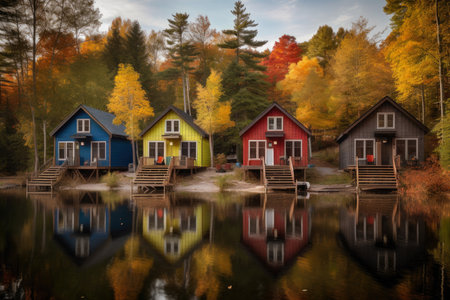 Serene Lakeside Retreat with a Row of Vibrant Cabins, AI Generatedの素材