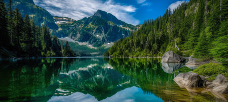 Mirror Lake Serene Body of Water Reflecting Towering Mountains, AI Generatedの素材