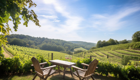 Relaxing afternoon at a vineyard with a picturesque hillside view and a cozy tasting room, AI Generatedの素材