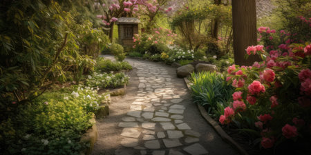 Serene Garden Path with Blossoming Flowers and Shaded Trees, AI Generatedの素材