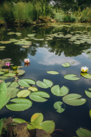 Serene Pond with Lush Lily Pads and Frogs Jumping, AI Generatedの素材