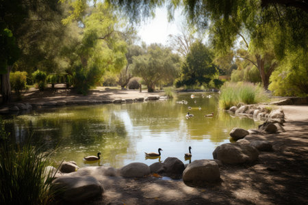 Peaceful Retreat Park with a Tranquil Pond and Ducks, AI Generatedの素材