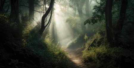 mystical and foggy forest with dappled sunlight peeking through the trees, AI Generatedの素材