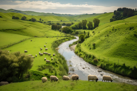 peaceful countryside landscape with rolling hills and farmland, dotted with grazing sheep and a winding river, AI Generatedの素材