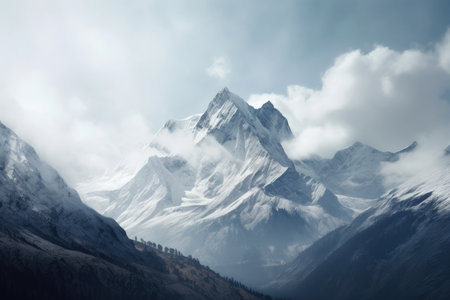 Snowy Majesty Majestic Mountain Peak with Breathtaking Valley Views, AI Generatedの素材