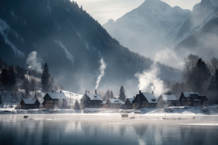 Snowy Haven snow-covered village with smoke rising from the chimneys, situated on the edge of a frozen lake with towering mountains in the background, AI Generatedの素材