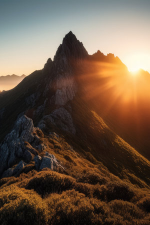 Mystical mountain peak emerging from a sea of mist as the sun rises in the distance, AI Generatedの素材