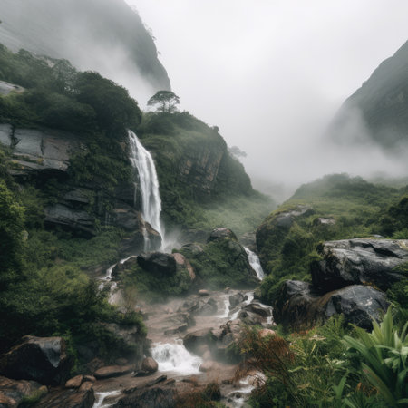 Misty mountain peak towering above the valley, with a waterfall cascading down the rocks and lush greenery all around, AI Generatedの素材