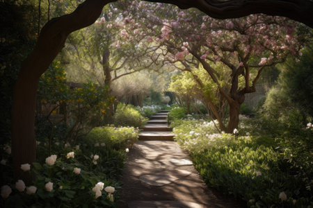 Serene Garden Path with Blossoming Flowers and Shaded Trees, AI Generatedの素材