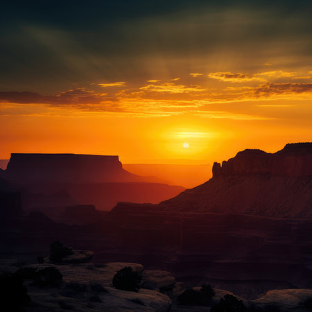 Silhouette of Towering Mesas against a Vibrant Sunset in Canyon, AI Generatedの素材