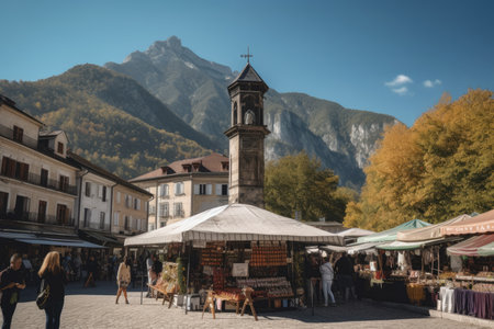 picturesque village square with a tall clock tower and vibrant market stalls set against a dramatic mountain backdrop, AI Generatedの素材