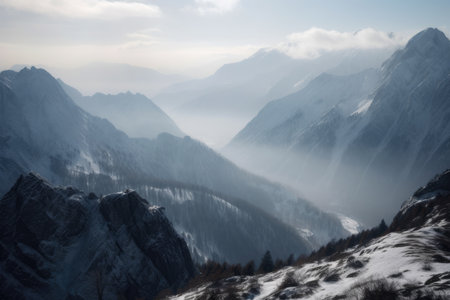 Snow-Covered Mountain Range with Misty Valleys Below, AI Generatedの素材