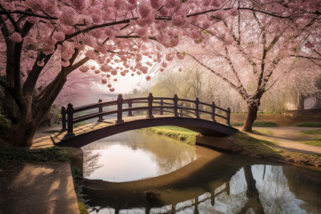 Tranquil Cherry Blossom Park with a Scenic Bridge, AI Generatedの素材