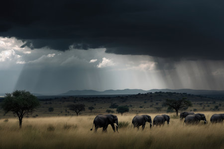 Stormy Savanna with Elephants and Rhinos Taking Cover, AI Generatedの素材