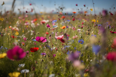 Symphony of Wildflowers Colorful Meadow with Flowers Dancing in the Breeze, AI Generatedの素材