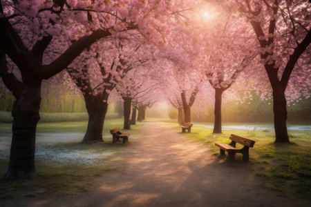 Tranquil Cherry Blossom Grove in a Serene Park, AI Generatedの素材