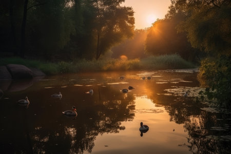 Tranquil Park with a Pond and Ducks during Golden Hour, AI Generatedの素材