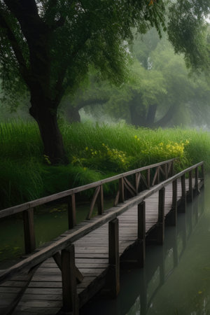 Tranquil riverside scene with a wooden footbridge in the foreground, surrounded by lush green trees and foliage, AI Generatedの素材