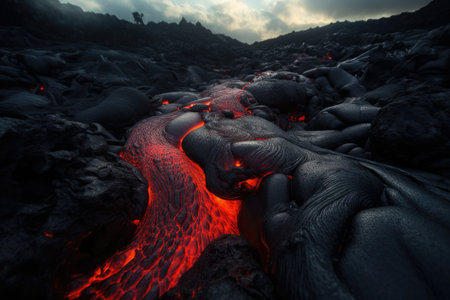 The Fierce Beauty of a Volcanic Wonderland Majestic View of Red-Hot Lava Flowing Through Black Rocks, AI Generatedの素材