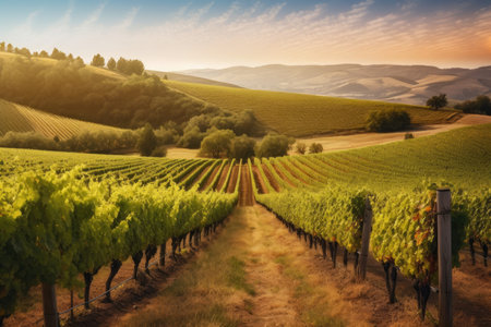Vineyard Dreams Mesmerizing View of Endless Rows of Lush Grapevines, AI Generatedの素材