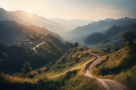 The Majestic Mountainscape stunning view of a mountain range at sunrise with a winding road leading to a small village nestled in the valley below, AI Generatedの素材