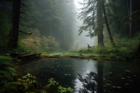 Whispers of the Forest hidden lake shrouded in mist with a small waterfall and towering trees, AI Generatedの素材