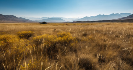 Stunning mountain range in the distance, with a vast open plain of golden grass and wildflowers in the foreground, under a bright blue sky, AI Generatedの素材