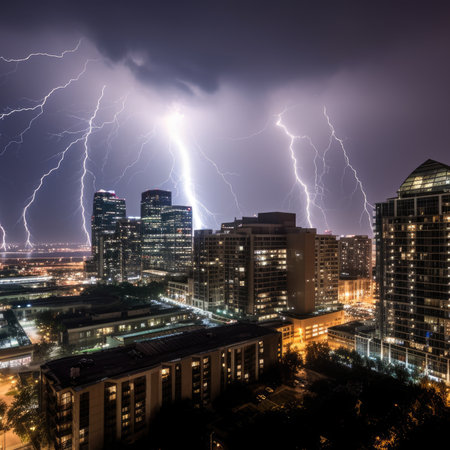 Thunderous lightning storm over a bustling cityscape, AI Generatedの素材
