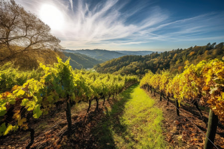 Vineyard Adventures Breathtaking View of Endless Grapevines on a Tranquil Hillside, AI Generatedの素材