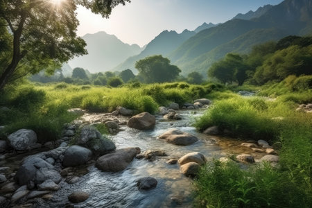 Tranquil Valley with a Serene Brook Flowing through the Picturesque Landscape, AI Generatedの素材