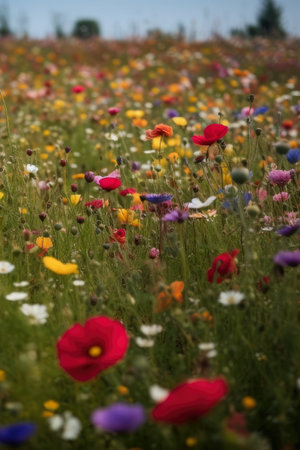 The Meadow of a Thousand Flowers Lush Field with an Abundance of Blossoming Wildflowers, AI Generatedの素材