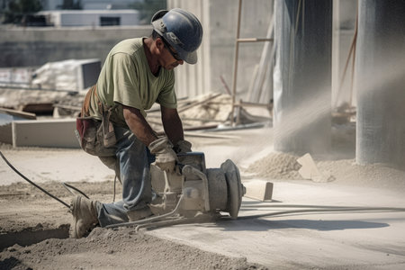 A Construction Worker Using a Concrete Saw to Cut Concrete in a Construction Site, AI Generatedの素材